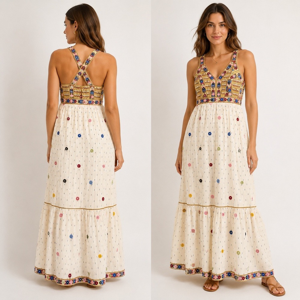 Payal Pratap Anthropologie Embroidered Mirror Midi Dress Ivory Multi Size 4